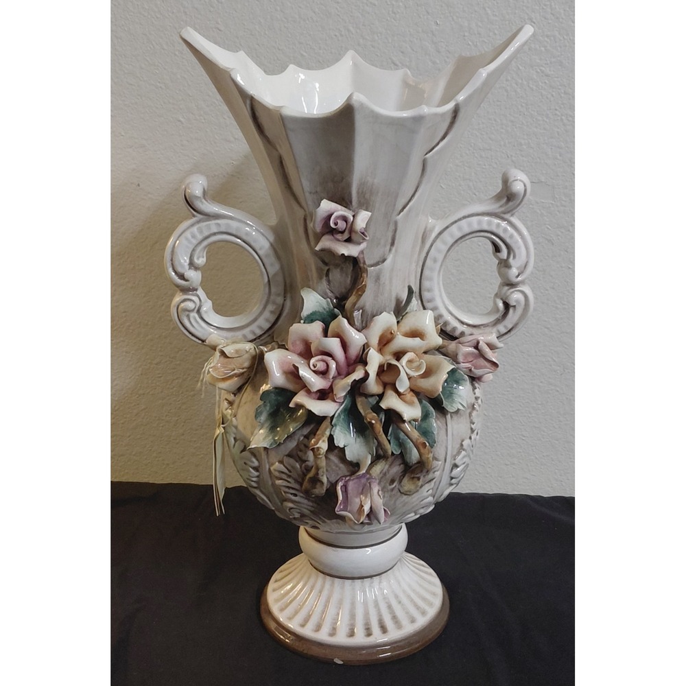 Vintage Nuova Capodimonte F.lli Savastano Vase Large Italian Floral 15" Tag